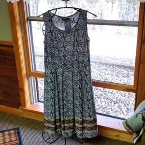 Reborn Women Navy Blue Floral Lace Print Sleeveless Midi Dress with Pockets M